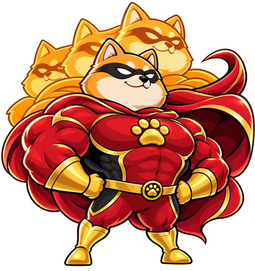 Phantom Inu, a buff masked Shiba superhero in a crimson and gold suit with a paw emblem