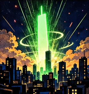 A giant green candle bursting up into the night sky over the city