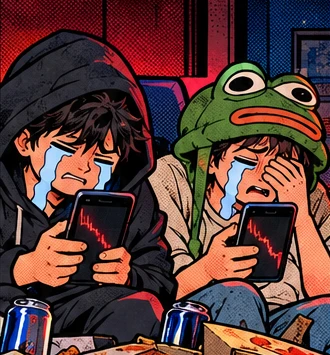 Two degen traders crying at red charts on their phones