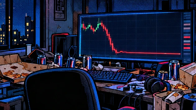 A messy trading desk at night, the monitor showing a chart that crashed into a flat red line