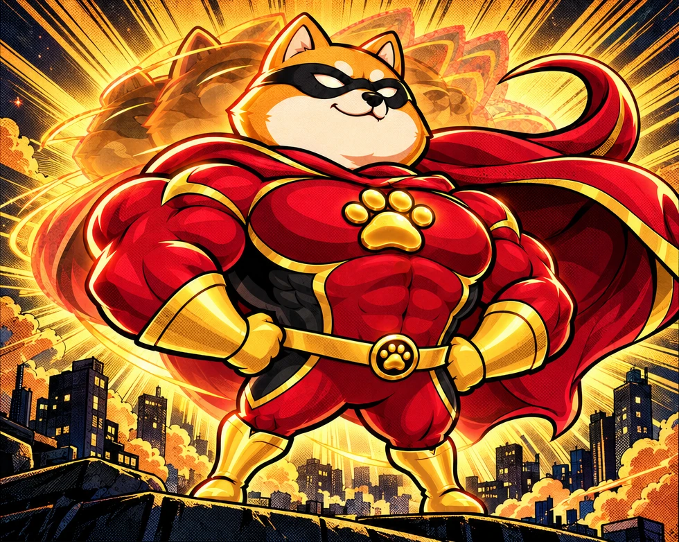 Phantom Inu revealed in a heroic pose, bursting out of a golden sunburst over the city