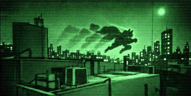 Night-vision camera footage of a caped silhouette leaping across a rooftop