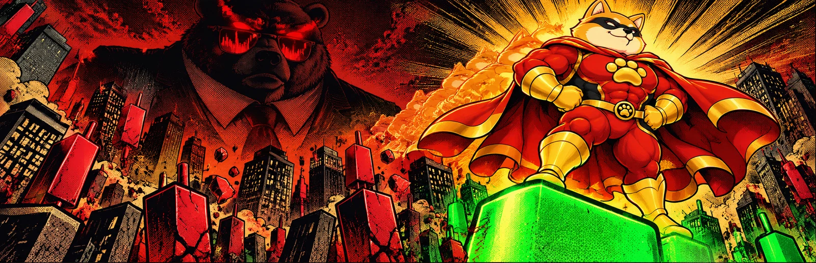 The Bear looms over a city of crumbling red candles while Phantom Inu stands on a giant green candle