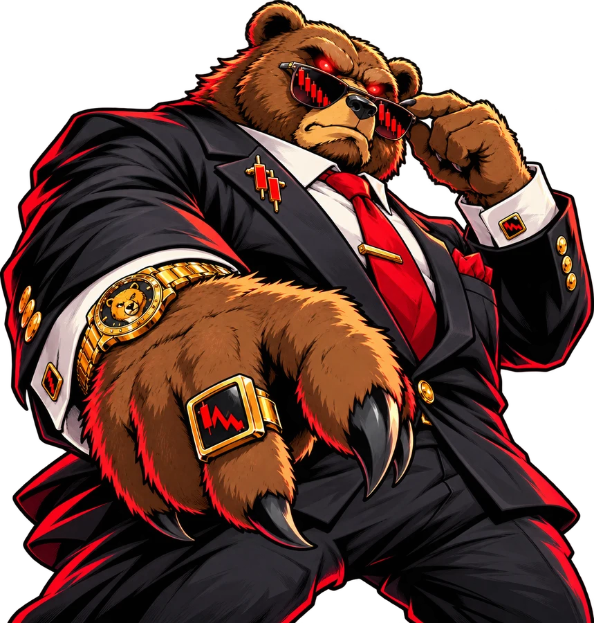 The Bear in a black suit and red-candle sunglasses