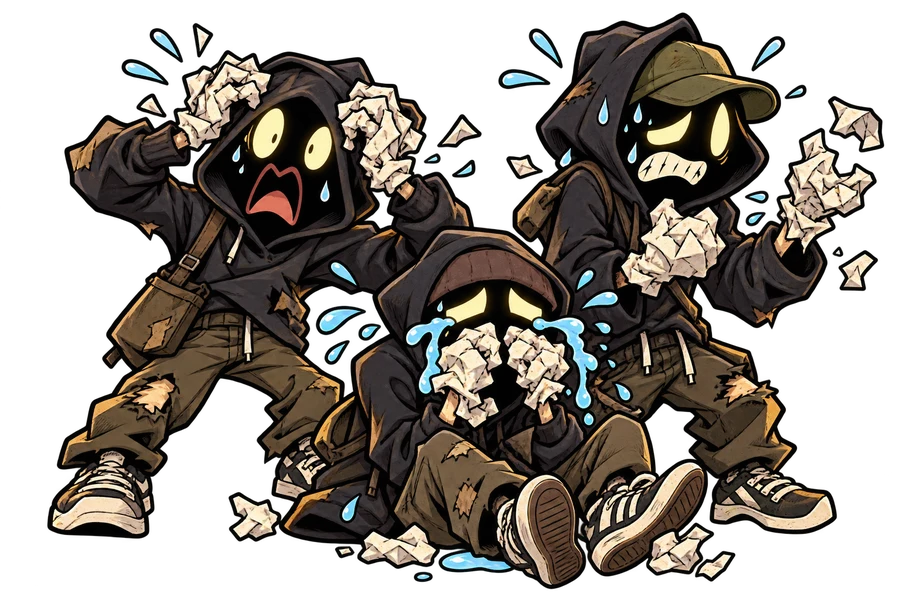 The Paper Hand Gang crying with crumpled paper hands