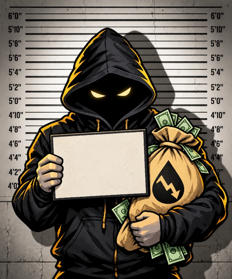 The Rugger mugshot, hooded figure with a money bag